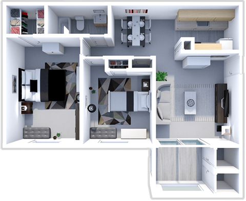 Floor plan for 2 beds, 1 bath, 890 sqft